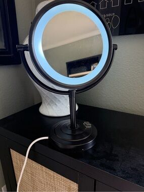 Oil Rubbed Bronze Lighted Vanity Mirror with Round LED & x10 Magnifying